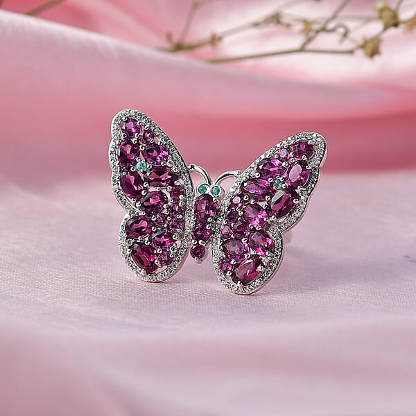 D'Joy AAA Radiant Ember Garnet Multi Gemstone Flamecrest Butterfly Ring In Rhodium Over Sterling Silver 6.20 Ctw