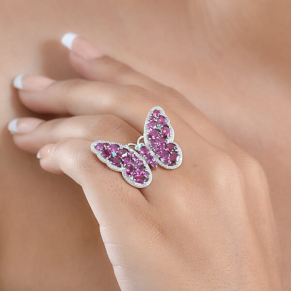 D'Joy AAA Radiant Ember Garnet Multi Gemstone Flamecrest Butterfly Ring In Rhodium Over Sterling Silver 6.20 Ctw