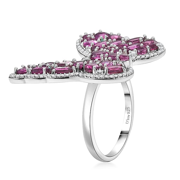 D'Joy AAA Radiant Ember Garnet Multi Gemstone Flamecrest Butterfly Ring In Rhodium Over Sterling Silver 6.20 Ctw