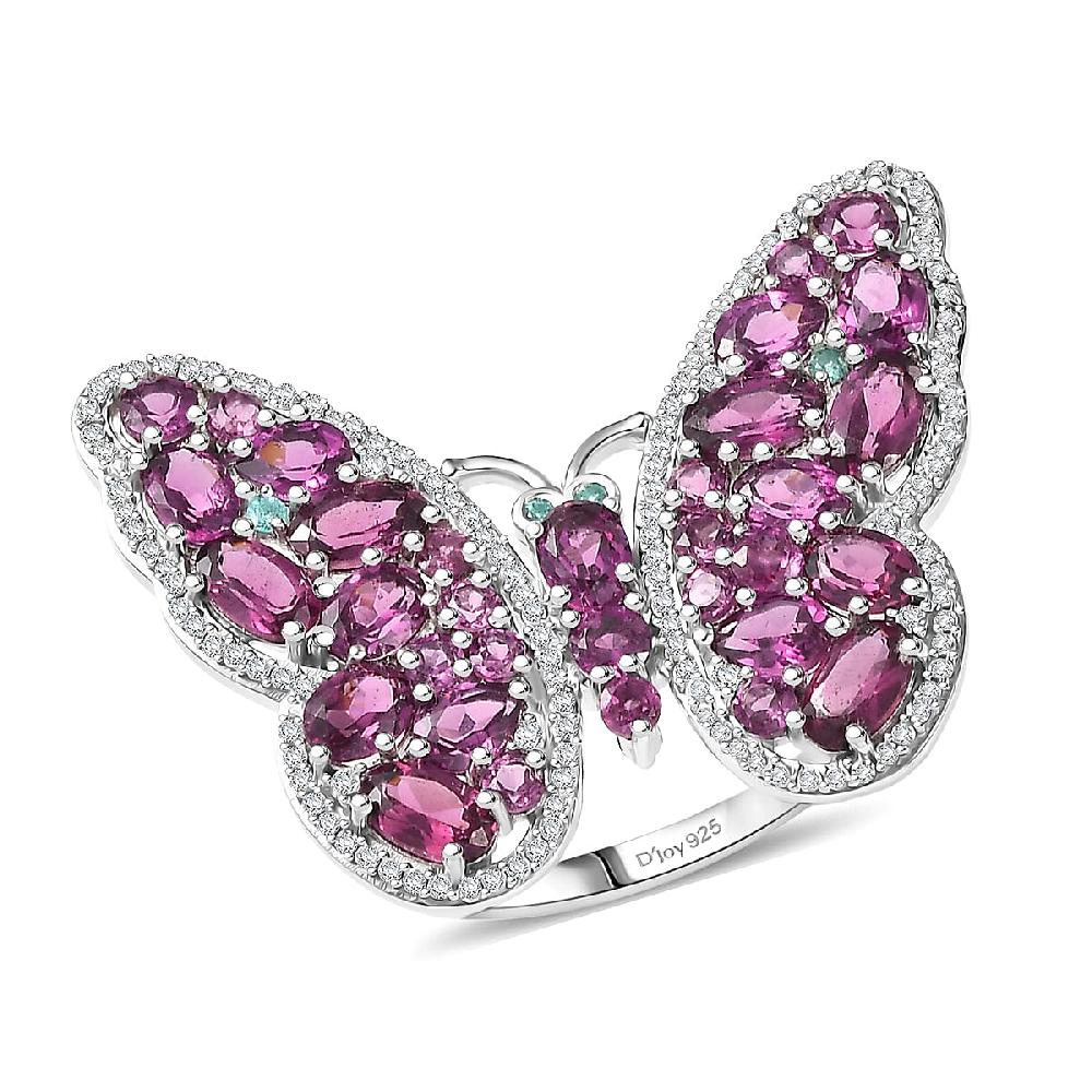 D'Joy AAA Radiant Ember Garnet Multi Gemstone Flamecrest Butterfly Ring in Rhodium Over Sterling Silver 6.20 ctw