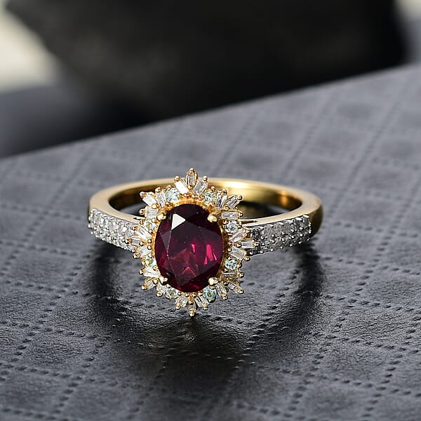D'Joy AAA Radiant Ember Garnet Paraiba Tourmaline And Diamond 1.80 Ctw Sunray Ring In 18K Vermeil Yellow Gold Over Sterling Silver