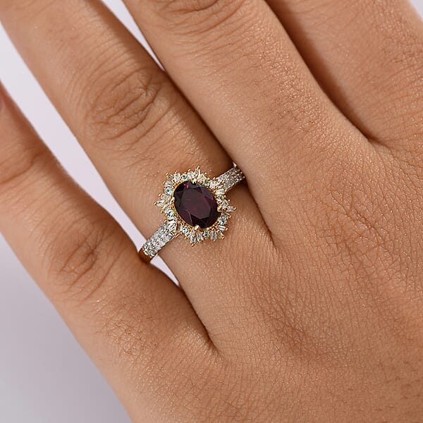 D'Joy AAA Radiant Ember Garnet Paraiba Tourmaline And Diamond 1.80 Ctw Sunray Ring In 18K Vermeil Yellow Gold Over Sterling Silver