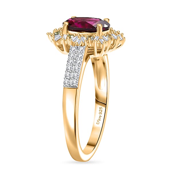 D'Joy AAA Radiant Ember Garnet Paraiba Tourmaline And Diamond 1.80 Ctw Sunray Ring In 18K Vermeil Yellow Gold Over Sterling Silver
