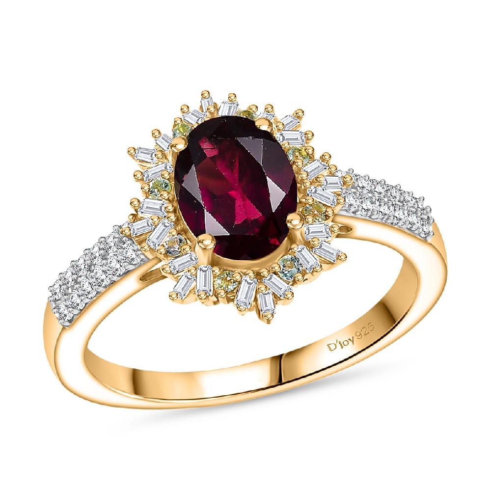 D'Joy AAA Radiant Ember Garnet Paraiba Tourmaline and Diamond 2.10 ctw Sunray Ring in 18K Vermeil Yellow Gold Over Sterling Silver
