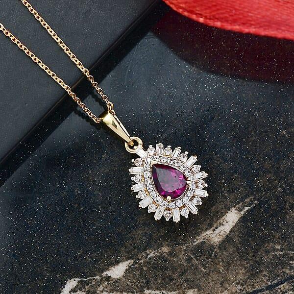 D'Joy AAA Radiant Ember Garnet White Zircon 1.60 Ctw Pendant Necklace In 18K Vermeil Yellow Gold Over Sterling Silver 20 Inches