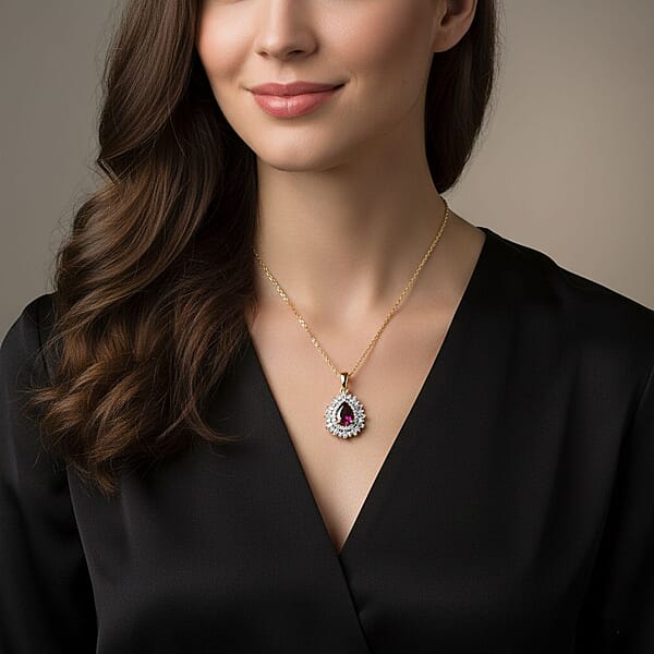 D'Joy AAA Radiant Ember Garnet White Zircon 1.60 Ctw Pendant Necklace In 18K Vermeil Yellow Gold Over Sterling Silver 20 Inches