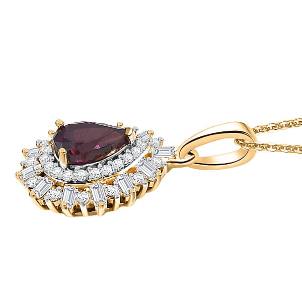 D'Joy AAA Radiant Ember Garnet White Zircon 1.60 Ctw Pendant Necklace In 18K Vermeil Yellow Gold Over Sterling Silver 20 Inches
