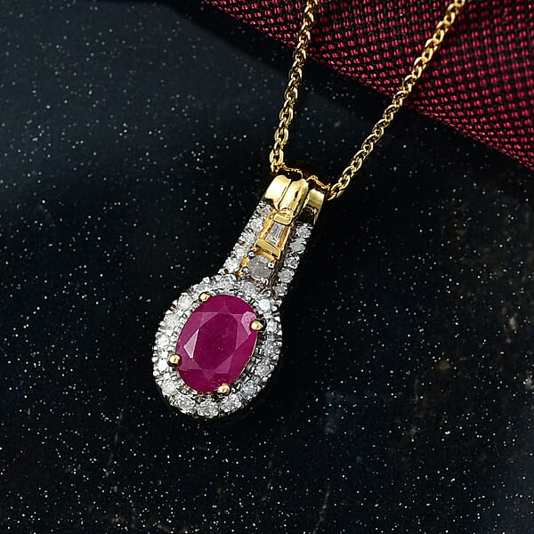 D'Joy AAA Royal Ruby And Diamond 1.40 Ctw Halo Pendant Necklace In 18K Vermeil Yellow Gold Over Sterling Silver 20 Inches