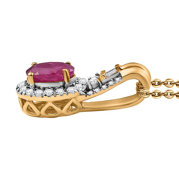 D'Joy AAA Royal Ruby And Diamond 1.40 Ctw Halo Pendant Necklace In 18K Vermeil Yellow Gold Over Sterling Silver 20 Inches