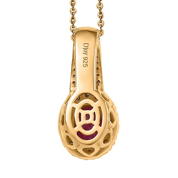 D'Joy AAA Royal Ruby And Diamond 1.40 Ctw Halo Pendant Necklace In 18K Vermeil Yellow Gold Over Sterling Silver 20 Inches