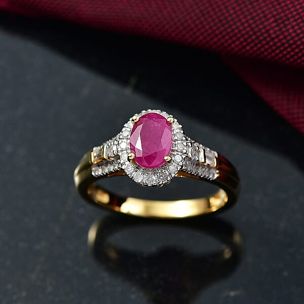 D'Joy AAA Royal Ruby And Diamond 1.50 Ctw Halo Ring In 18K Vermeil Yellow Gold Over Sterling Silver