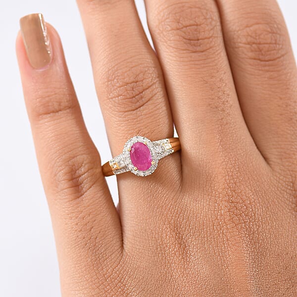 D'Joy AAA Royal Ruby And Diamond 1.50 Ctw Halo Ring In 18K Vermeil Yellow Gold Over Sterling Silver