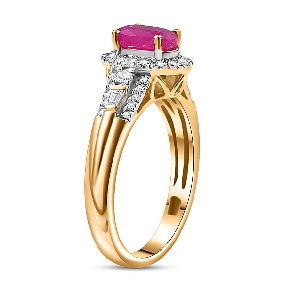 D'Joy AAA Royal Ruby And Diamond 1.50 Ctw Halo Ring In 18K Vermeil Yellow Gold Over Sterling Silver
