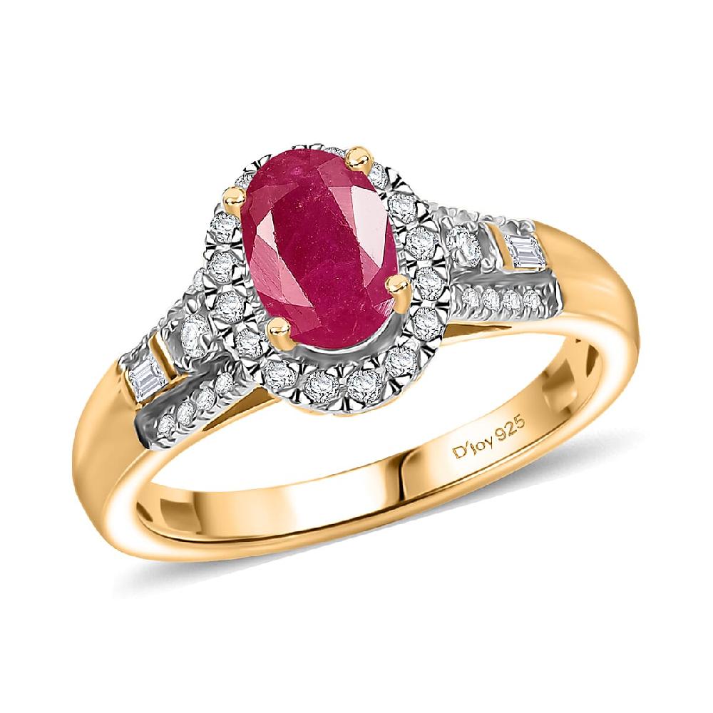 D'Joy AAA Royal Ruby and Diamond 1.50 ctw Halo Ring in 18K Vermeil Yellow Gold Over Sterling Silver