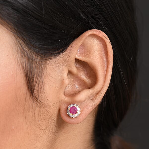 D'Joy AAA Royal Ruby And Diamond 1.75 Ctw Stud Earrings In 18K Vermeil Yellow Gold Over Sterling Silver