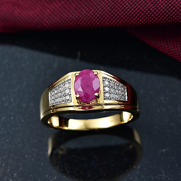 D'Joy AAA Royal Ruby And Diamond 2.00 Ctw Men's Ring In 18K Vermeil Yellow Gold Over Sterling Silver