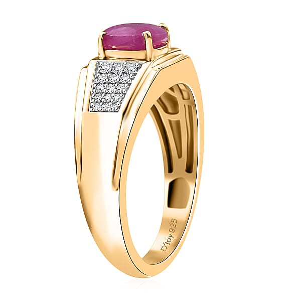 D'Joy AAA Royal Ruby And Diamond 2.00 Ctw Men's Ring In 18K Vermeil Yellow Gold Over Sterling Silver