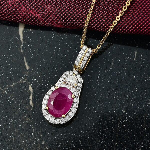 D'Joy AAA Royal Ruby And Moissanite 2.20 Ctw Pendant Necklace 20 Inches In 18K Vermeil Yellow Gold Over Sterling Silver
