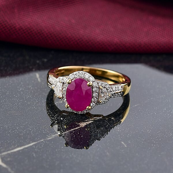 D'Joy AAA Royal Ruby And Moissanite 2.35 Ctw Ring In 18K Vermeil Yellow Gold Over Sterling Silver