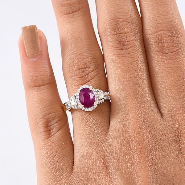 D'Joy AAA Royal Ruby And Moissanite 2.35 Ctw Ring In 18K Vermeil Yellow Gold Over Sterling Silver