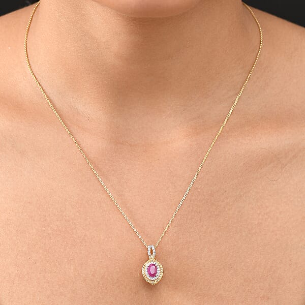 D'Joy AAA Royal Ruby And Multi Gemstone 1.90 Ctw Celestial Halo Pendant Necklace In 18K Vermeil Yellow Gold Over Sterling Silver 20 Inches