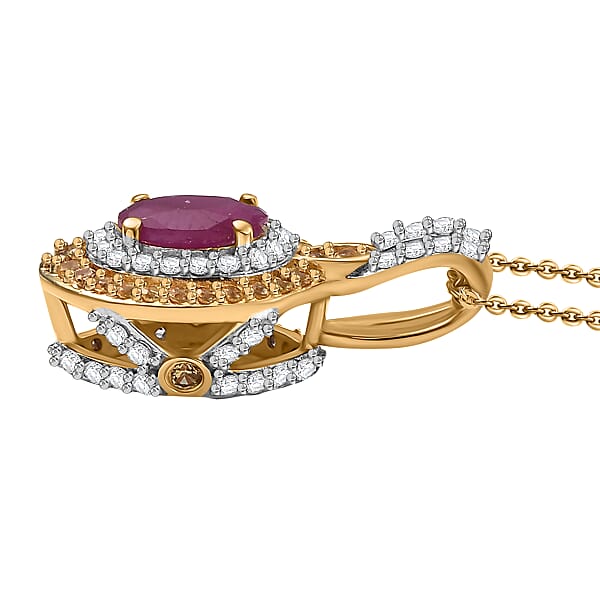 D'Joy AAA Royal Ruby And Multi Gemstone 1.90 Ctw Celestial Halo Pendant Necklace In 18K Vermeil Yellow Gold Over Sterling Silver 20 Inches