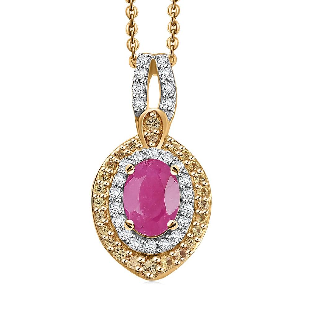 D'Joy AAA Royal Ruby and Multi Gemstone 1.90 ctw Celestial Halo Pendant Necklace in 18K Vermeil Yellow Gold Over Sterling Silver 20 Inches