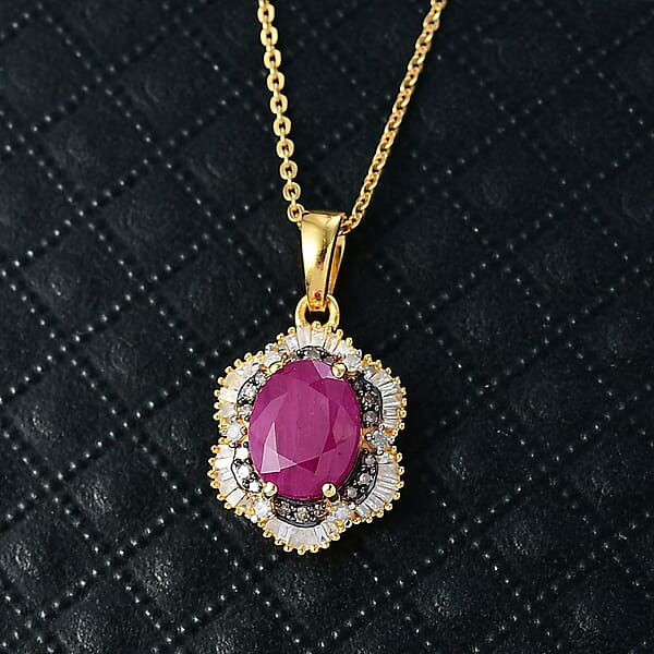 D'Joy AAA Royal Ruby Natural Champagne And White Diamond 3.10 Ctw Signature Spotlight Pendant Necklace In 18K Vermeil Yellow Gold Over Sterling Silver 20 Inches