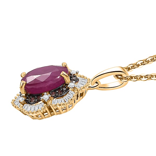 D'Joy AAA Royal Ruby Natural Champagne And White Diamond 3.10 Ctw Signature Spotlight Pendant Necklace In 18K Vermeil Yellow Gold Over Sterling Silver 20 Inches