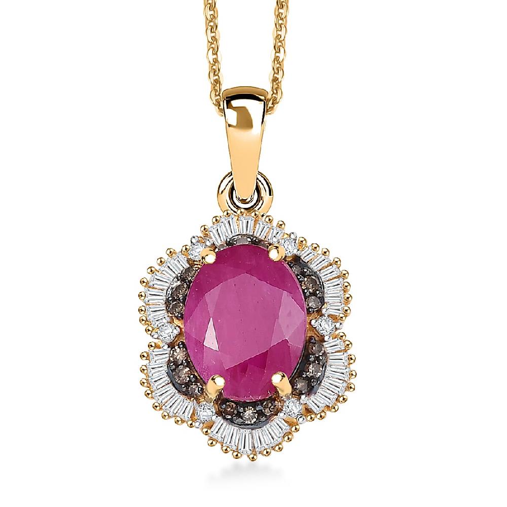 D'Joy AAA Royal Ruby Natural Champagne and White Diamond 3.10 ctw Signature Spotlight Pendant Necklace in 18K Vermeil Yellow Gold Over Sterling Silver 20 Inches