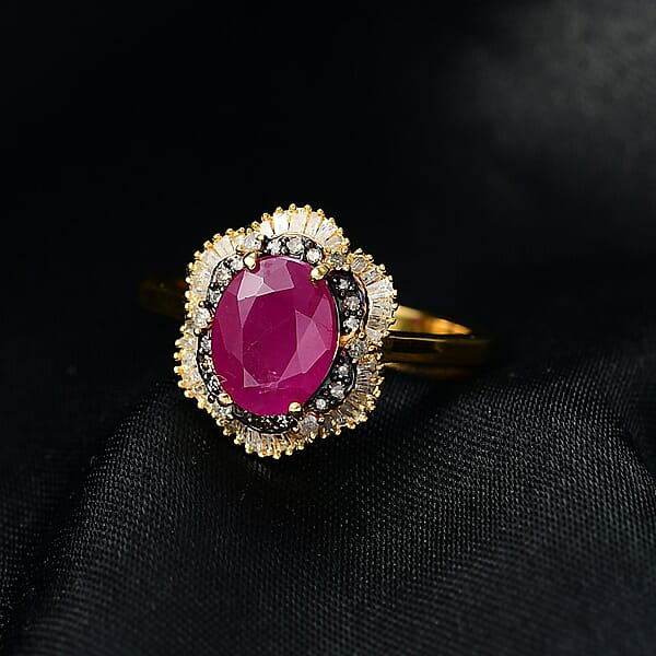 D'Joy AAA Royal Ruby Natural Diamond Ring In 18K Vermeil YG Over Sterling Silver 3.10 Ctw