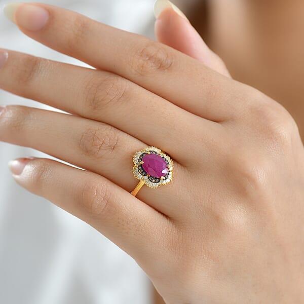 D'Joy AAA Royal Ruby Natural Diamond Ring In 18K Vermeil YG Over Sterling Silver 3.10 Ctw