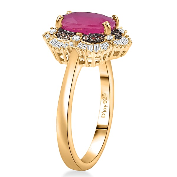 D'Joy AAA Royal Ruby Natural Diamond Ring In 18K Vermeil YG Over Sterling Silver 3.10 Ctw