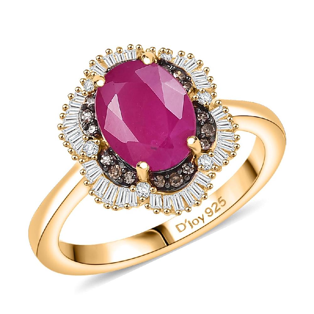 D'Joy AAA Royal Ruby Natural Diamond Ring in 18K Vermeil YG Over Sterling Silver 3.10 ctw