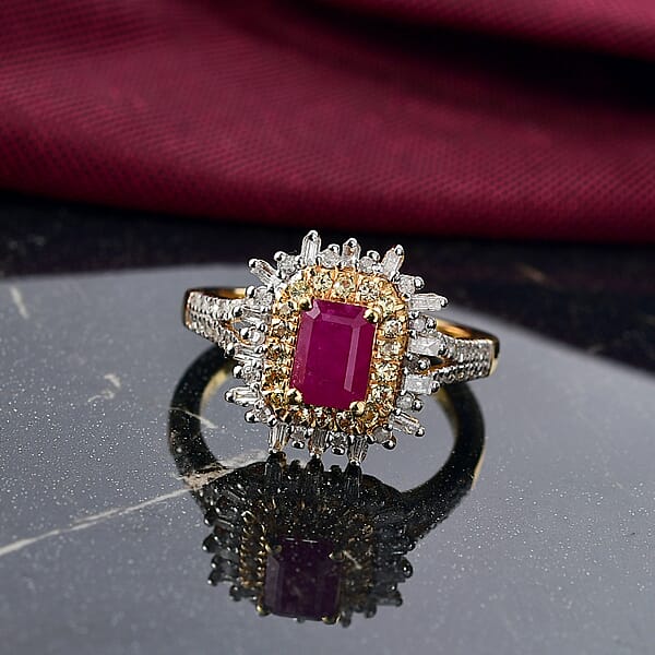D'Joy AAA Royal Ruby Yellow Sapphire And Diamond 1.50 Ctw Ring In 18K Vermeil Yellow Gold Over Sterling Silver