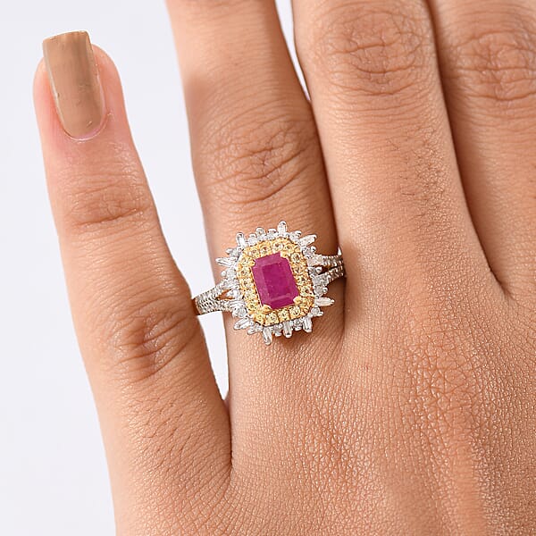 D'Joy AAA Royal Ruby Yellow Sapphire And Diamond 1.50 Ctw Ring In 18K Vermeil Yellow Gold Over Sterling Silver