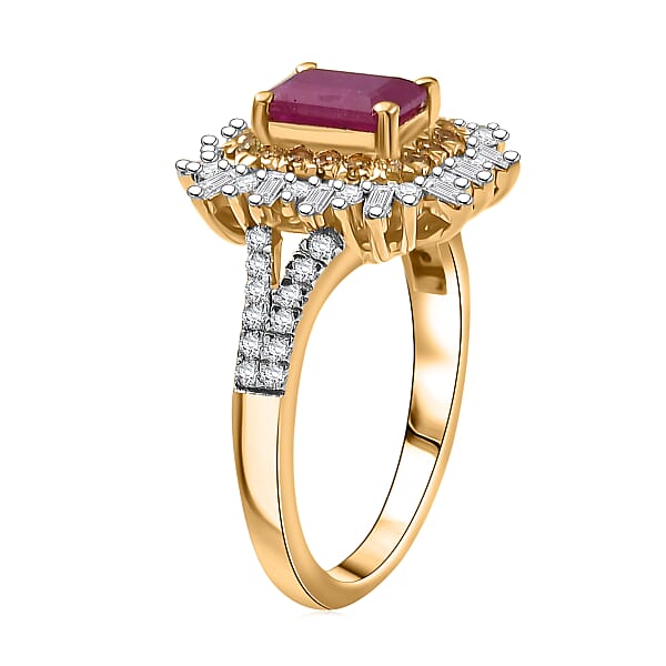 D'Joy AAA Royal Ruby Yellow Sapphire And Diamond 1.50 Ctw Ring In 18K Vermeil Yellow Gold Over Sterling Silver