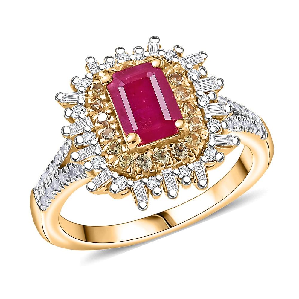 D'Joy AAA Royal Ruby Yellow Sapphire and Diamond 1.50 ctw Ring in 18K Vermeil Yellow Gold Over Sterling Silver