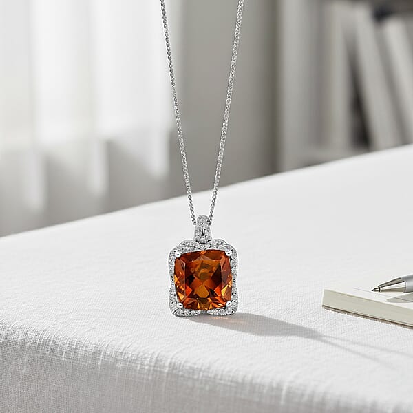D'Joy AAA Santa Ana Madeira Citrine And Moissanite 5.35 Ctw Poinsettia Flower Pendant Necklace In Rhodium Over Sterling Silver 18 Inches