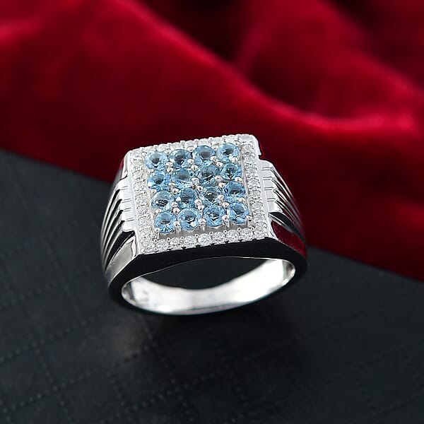 D Joy AAA Santa Maria Aquamarine Moissanite Men's Ring In Rhodium Over Sterling Silver 1.40 Ctw