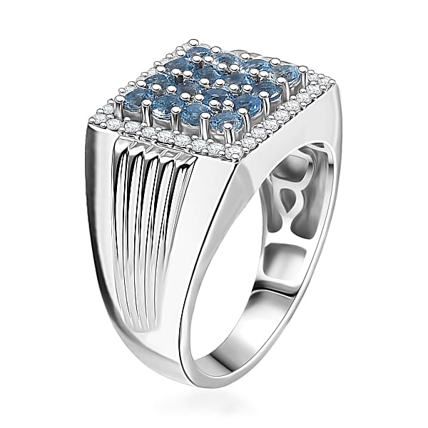 D Joy AAA Santa Maria Aquamarine Moissanite Men's Ring In Rhodium Over Sterling Silver 1.40 Ctw