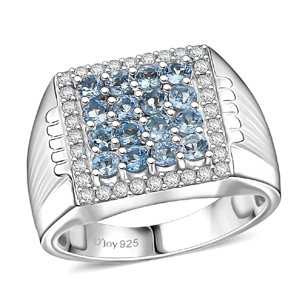 D Joy AAA Santa Maria Aquamarine Moissanite Men's Ring in Rhodium Over Sterling Silver 1.40 ctw