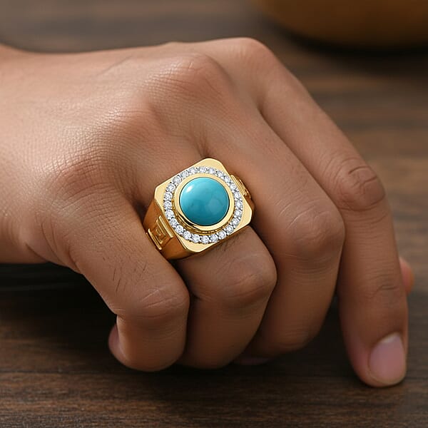 D'Joy AAA Sleeping Beauty Turquoise Moissanite Men's Ring In 18K Vermeil YG Over Sterling Silver 3.10 Ctw