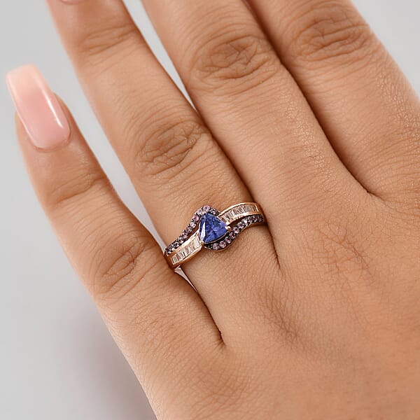 D'Joy AAA Tanzanite And Multi Gemstone 1.30 Ctw Intertwined Elegance Ring In 18K Vermeil Rose Gold Over Sterling Silver