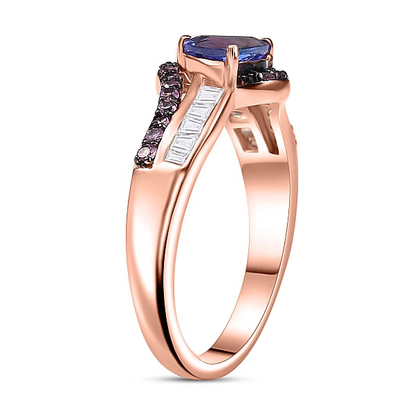 D'Joy AAA Tanzanite And Multi Gemstone 1.30 Ctw Intertwined Elegance Ring In 18K Vermeil Rose Gold Over Sterling Silver