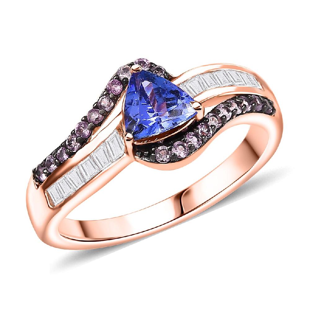 D'Joy AAA Tanzanite and Multi Gemstone 1.30 ctw Intertwined Elegance Ring in 18K Vermeil Rose Gold Over Sterling Silver