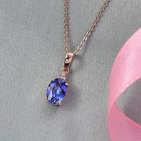 D'Joy AAA Tanzanite And Natural Pink Diamond I3 1.10 Ctw Pendant Necklace In 18K Vermeil Rose Gold Over Sterling Silver 20 Inches