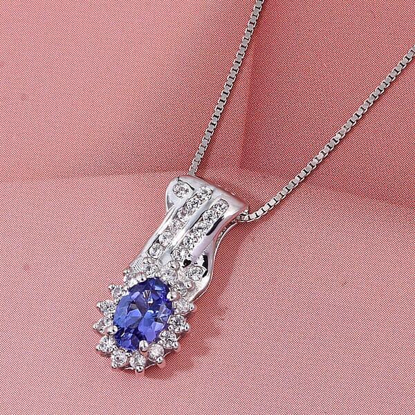 D'Joy AAA Tanzanite And White Zircon 1.00 Ctw Grace Halo Pendant Necklace In Rhodium Over Sterling Silver 20 Inches