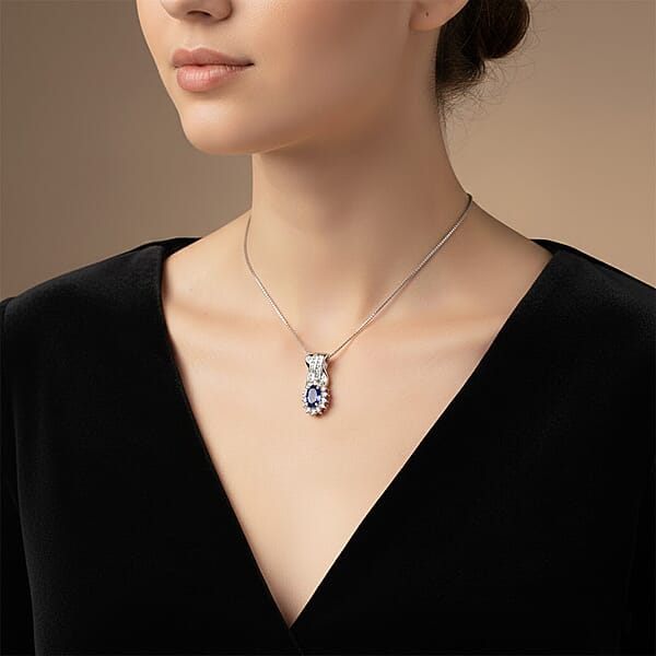 D'Joy AAA Tanzanite And White Zircon 1.00 Ctw Grace Halo Pendant Necklace In Rhodium Over Sterling Silver 20 Inches