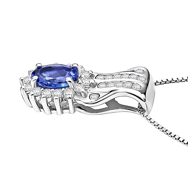 D'Joy AAA Tanzanite And White Zircon 1.00 Ctw Grace Halo Pendant Necklace In Rhodium Over Sterling Silver 20 Inches